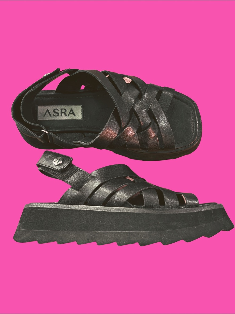 Asra Black Leather Strappy Platform Sandals